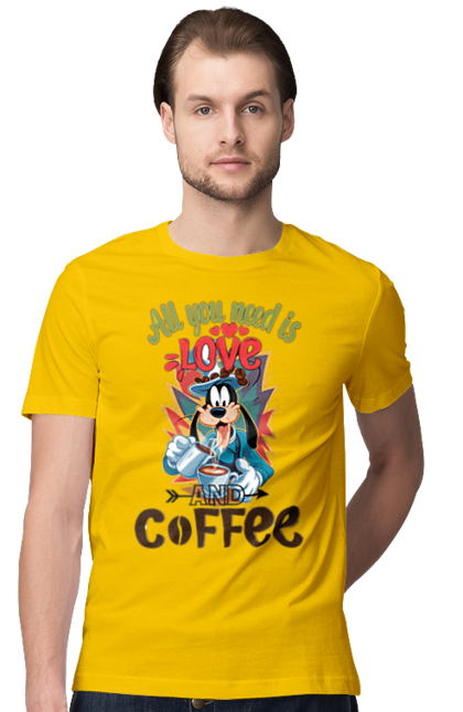 Men's t-shirt with prints Goofy Coffee. Animated series, cartoon, coffee, cup, disney, dog, goofy. 2070702