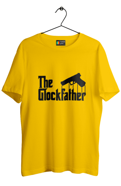 Футболка чоловіча з принтом "The GlockFather". Gangster, glockfather, godfather, godfather reference, вогнепальна зброя, гангстер, глок, зброя, пістолет, пістолет. 2070702