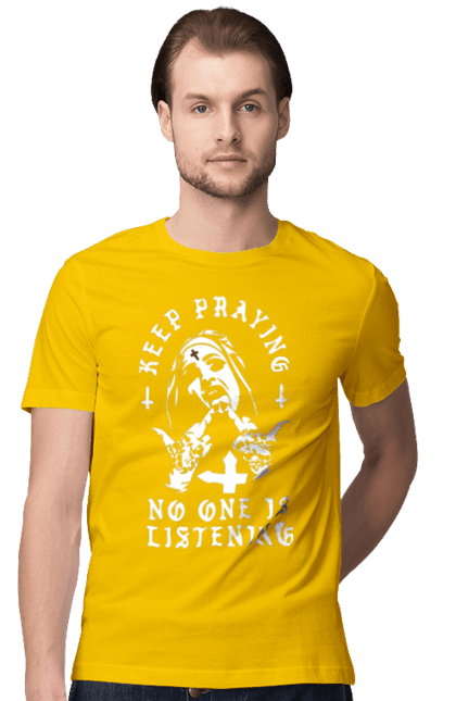 Men`s t-shirt with prints Keep praying no one is listening. Cool, fak, fashionable, is listening, keep praying, no one, nun, stylish. 2070702