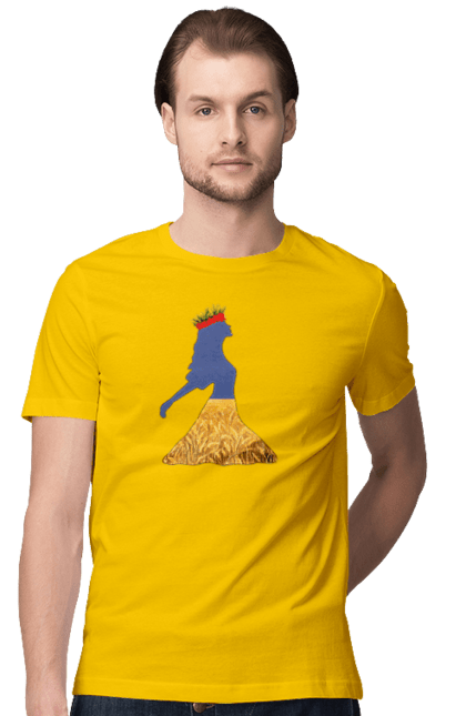 Футболка чоловіча з принтом "Україна". Вінок, дівчина, дівчинка, жовтий синій, жовто-блакитне, маки, національні кольори, небо, пшеничне поле. 2070702