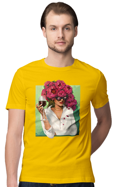 Футболка чоловіча з принтом "Дівчина з півоніями та келихом". Вино, дівчина, квітка, келих, літо, окуляри, півонії, сорочка. 2070702