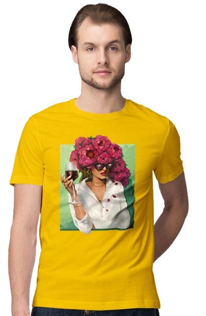 Girl with peonies and a glass