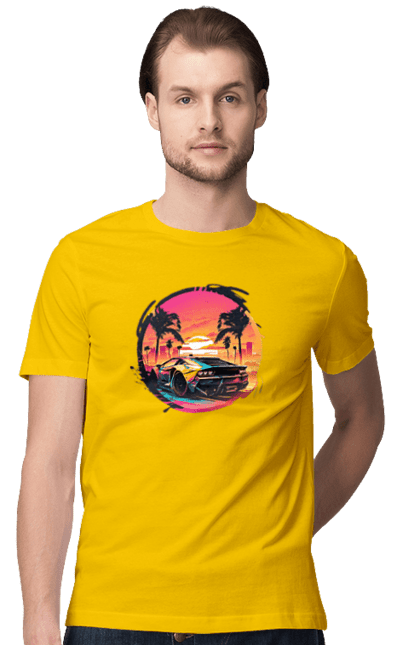 Футболка чоловіча з принтом "Ламборджині Ретровейв". Авто, автомобиль, ламба, ламборджині, машина, машини, ретровейв. 2070702