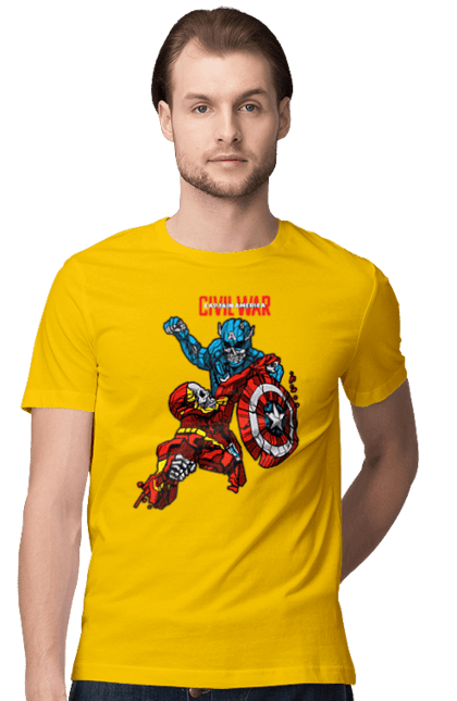 Футболка мужская с принтом Железный человек vs Капитан Америка. Captain america, civil war, iron man, marvel, marvel comics, железный человек, капитан америка, марвел, мстители, тони старк. 2070702