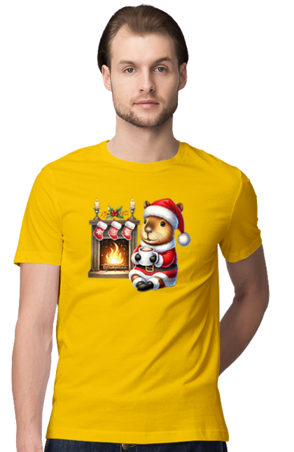 Men's t-shirt with prints Capybara by the fireplace with hot chocolate. Animal, capybara, christmas, christmas capybara, fireplace, gift, holiday, hot chocolate, new year, santa. 2070702