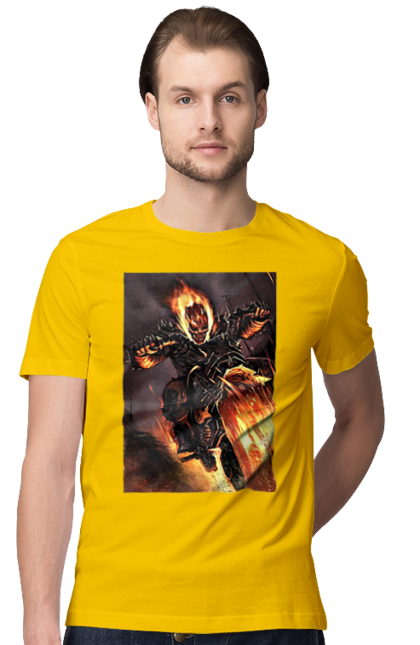 Men`s t-shirt with prints Hell Racer. Chopper, fire, hell racer, motorcycle, skeleton. 2070702