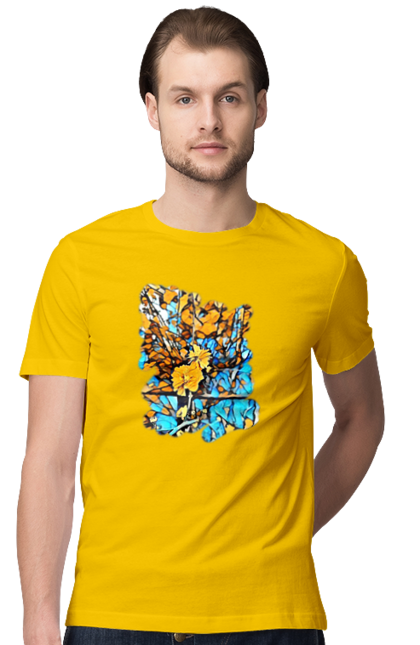 Футболка чоловіча з принтом "Жовті квіти на синьому фоні". Арт, жовтий та синій, жовті квіти, жовто-синій, квіти, малюнок, природа, синій та жовтий, синьо-жовтий. 2070702