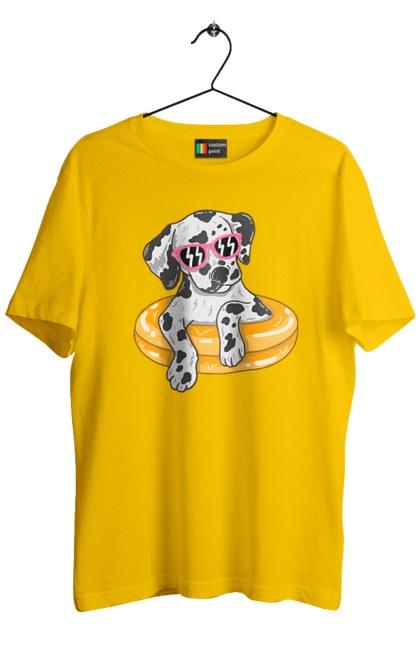 Men`s t-shirt with prints Dalmatian Swims In A Circle. Dalmatian, dog, glasses, to swim. 2070702