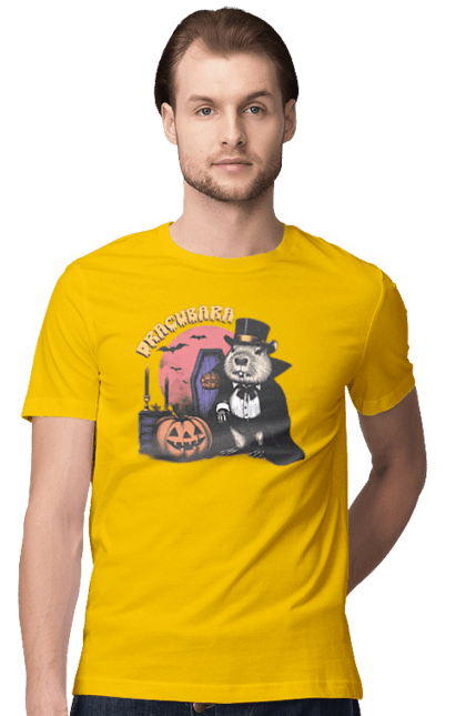 Men's t-shirt with prints Capybara Halloween. Animal, capybara, ghost, halloween, holiday, moon, pumpkin, rodent, vampire. 2070702