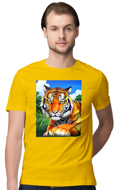 Футболка чоловіча з принтом "Тигр у квітах". Тигр, тигр на природі, тигр у квітах. CustomPrint.market
