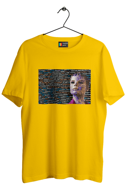 Футболка чоловіча з принтом "Штучний Розум". Айті, айтішник, гик, жінка, знання, інженер, інтелект, кібер, кібернетика, кіборг, код, комп, комп`ютерник, кристал, машинне навчання, мікросхема, мозок, портрет, програміст, професіонал, професія, розробник, розум, світиться, світло, хакер, чіп, штучний інтелект, штучний розум. 2070702