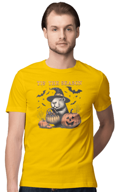 Men's t-shirt with prints Capybara Halloween. Animal, capybara, ghost, halloween, holiday, moon, pumpkin, rodent, witch. 2070702