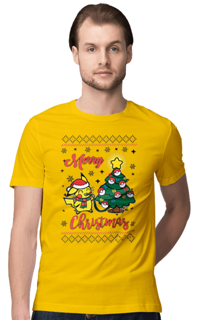 Men`s t-shirt with prints Pikachu Merry Christmas!. Anime, christmas, game, manga, merry christmas, nintendo, pikachu, pokemon. 2070702