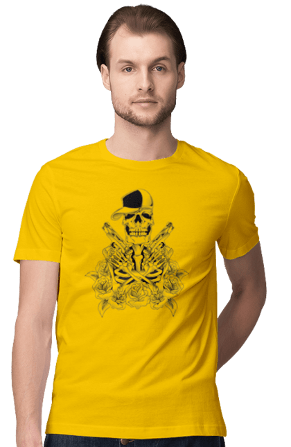 Men's t-shirt with prints Skeleton with pistols. Black and white, bones, cap, gun, roses, scull, skeleton, teeth. 2070702