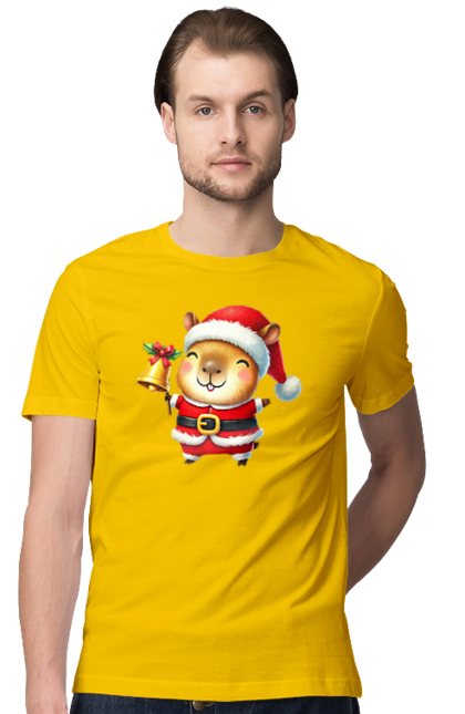 Men's t-shirt with prints Funny capybara with a bell. Animal, bell, capybara, christmas, christmas capybara, gift, holiday, new year, new year`s gift, santa. 2070702