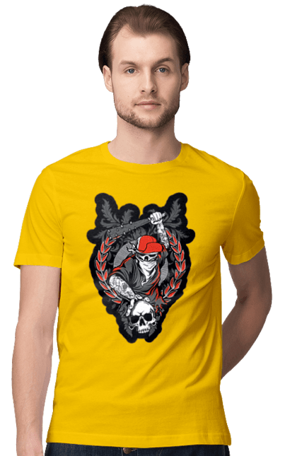 Men's t-shirt with prints Skeleton with a bat. Bit, bones, cap, gang, nails, scull, skeleton, tattoo, teeth. 2070702