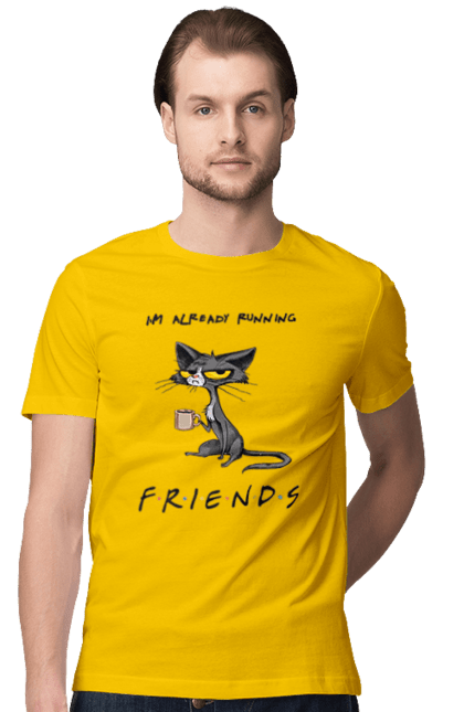 Men`s t-shirt with prints Friends, I`m running. Cat series, fall off, friend to himself, friends, go fuck yourself, i`m already running, loneliness bitch, parody series. 2070702