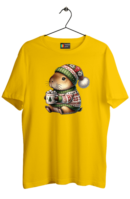 Men's t-shirt with prints Capybara with hot chocolate. Animal, capybara, christmas, christmas capybara, gift, holiday, hot chocolate, new year, santa. 2070702