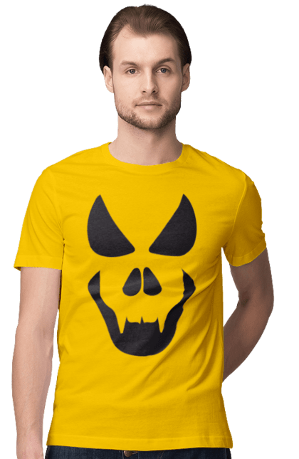 Men's t-shirt with prints Halloween pumpkin face. Costume, halloween, holiday, october, october 31, pumpkin, scary, sweets, trick or treat. 2070702