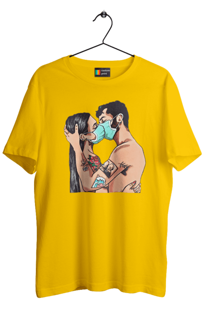 Футболка мужская с принтом Коронавирусная Любовь. Карантин, коронавирус, любовь, маска, поцелуй. 2070702