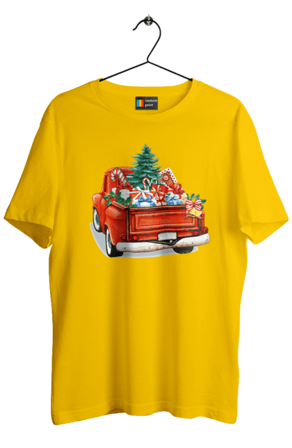 Men`s t-shirt with prints Car with gifts. Car, christmas, new year, presents, santa, tree. 2070702