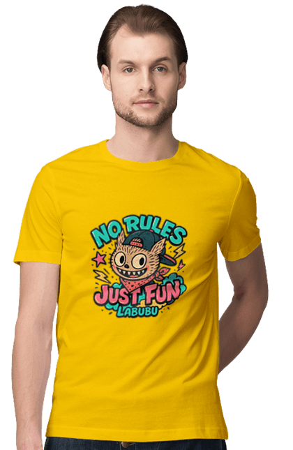 Футболка чоловіча з принтом "Лабубу". Norulesjustfun, y2k, бандана, вуличний стиль, грайливий, графіті, зухвалий, лабубу, ретромультяшка, яскраво. 2070702