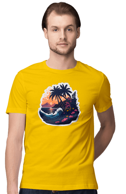 Футболка чоловіча з принтом "Дивовижна пальма біля моря на закаті сонця". Закат сонця, море, пальма. CustomPrint.market