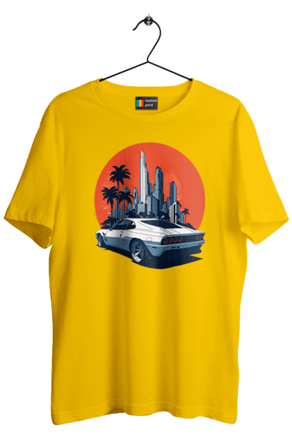 Футболка чоловіча з принтом "Авто". Гонка, захід сонця, спортивний автомобіль, швидкість. 2070702