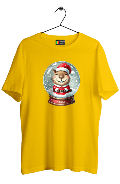 Men's t-shirt with prints Capybara in a snow globe. Animal, capybara, christmas, christmas capybara, gift, holiday, new year, new year`s gift, santa, snow globe. 2070702