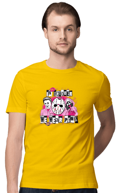 Men's t-shirt with prints In October we wear pink. Costume, halloween, holiday, horror, october, october 31, pink, villains. 2070702