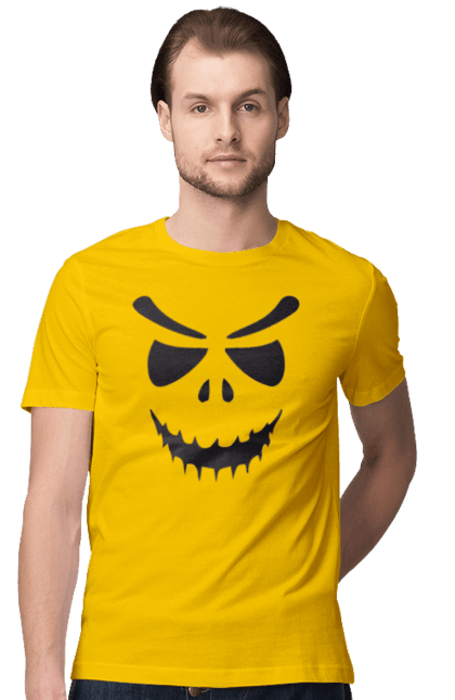 Men's t-shirt with prints Halloween pumpkin face. Costume, halloween, holiday, october, october 31, pumpkin, scary, sweets, trick or treat. 2070702