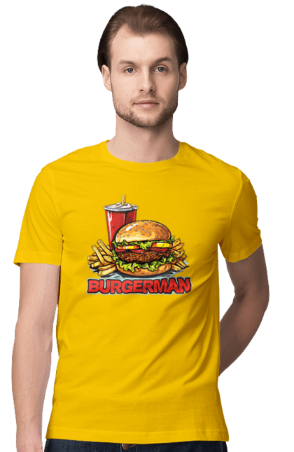 Футболка чоловіча з принтом "Burgerman". Бургер, для чоловіків, їжа, літні, макдональдс, прикольні, трендові, фаст фуд, чоловічі. 2070702