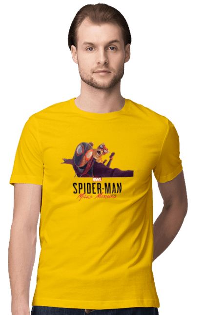 Футболка чоловіча з принтом "Людина Павук Майлз Моралес". Кіт людини павука, людина, людина павук, майлз моралес, павук. CustomPrint.market