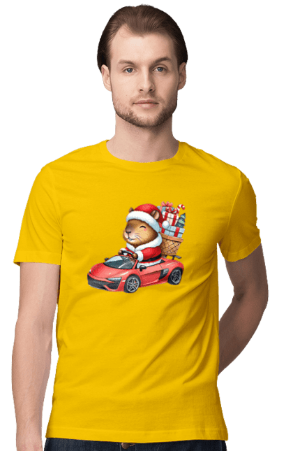 Men's t-shirt with prints Christmas Capybara with a Gift. Animal, capybara, car, christmas, christmas capybara, gift, holiday, new year, new year`s gift, santa. 2070702