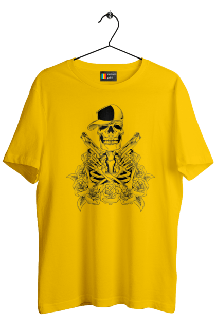 Men's t-shirt with prints Skeleton with pistols. Black and white, bones, cap, gun, roses, scull, skeleton, teeth. 2070702