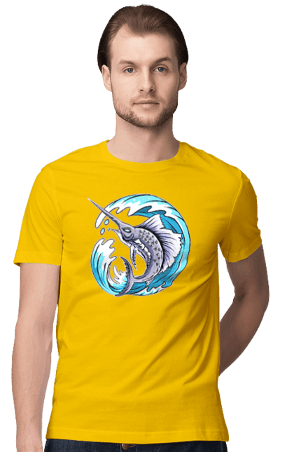 Men`s t-shirt with prints Fish Sword And Wave. Swordfish, wave. 2070702