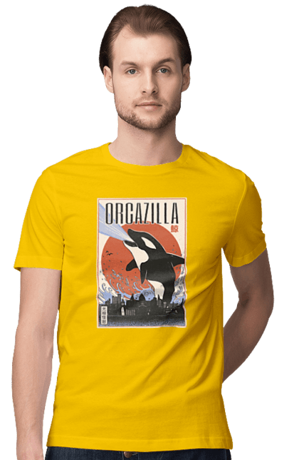 Men's t-shirt with prints Orcazilla. Cartoon style design, graphic, japan print, japanese, japanese art, japanese poster, japanese poster orca, ocean wildlife, orca, orcazilla. 2070702