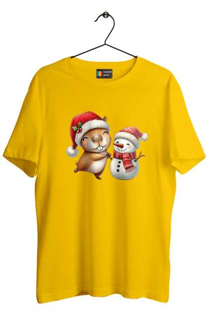 Men's t-shirt with prints Capybara and Snowman. Animal, capybara, christmas, christmas capybara, gift, holiday, new year, new year`s gift, santa, snowman. 2070702