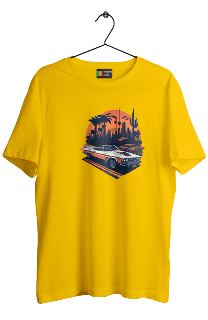 Футболка мужская с принтом Красивая машина на закате. Авто, закат, закат, отклонить, солнце. 2070702