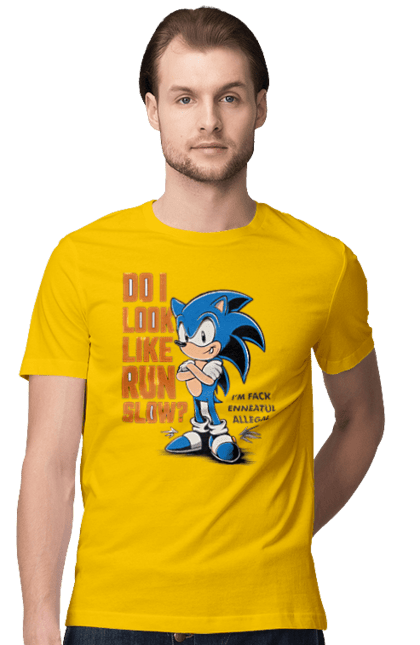 Men's t-shirt with prints Sonic the Hedgehog. Comic, hedgehog, mascot, multisterial, sega, sonic, sonic the hedgehog, video game. 2070702