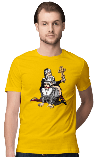 Футболка чоловіча з принтом "Монашки БДСМ". Бдсм, крута, модна, молодіжна, плескає по дупі, рок, рольові ігри, черниці бдсм, черницю, черниця. 2070702