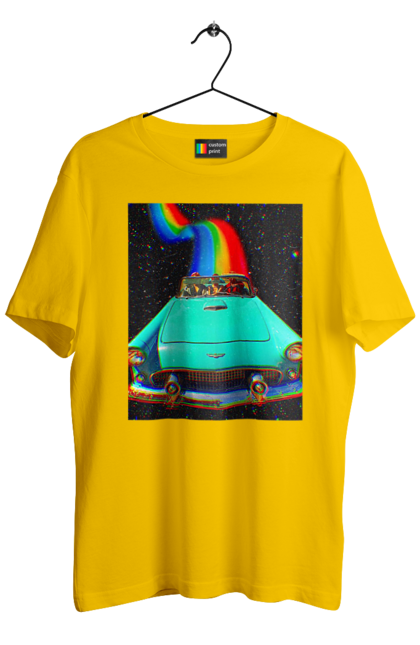 Футболка чоловіча з принтом "Картина, машина у космосі". Веселка, картина, космос, машина, подорожі, поїздка, прикол, ретро. 2070702