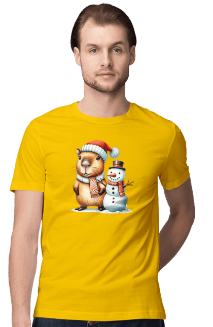 Men's t-shirt with prints Capybara and Snowman. Animal, capybara, christmas, christmas capybara, gift, holiday, new year, new year`s gift, santa, snowman. 2070702