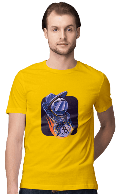 Футболка чоловіча з принтом "Космо біткоїн". Биткоин, бінарний, біткоїн, біткойн, валюта, гроші, крипто, програміст, хакер. 2070702