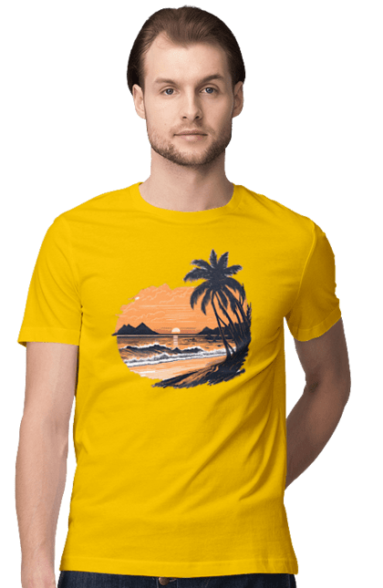 Футболка чоловіча з принтом "Безтурботний пляж на заході сонця". Захід сонця, пляж, розслаблення. CustomPrint.market