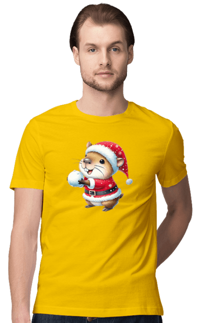 Men's t-shirt with prints Capybara playing snowballs. Animal, capybara, christmas, christmas capybara, game, gift, holiday, new year, santa, snowballs. 2070702