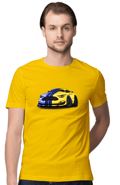 Футболка чоловіча з принтом "Український мустанг". Жовто блакитне авто, кольори україни, машина, мустанг, суперкар, форд мустанг, шелбі. 2070702