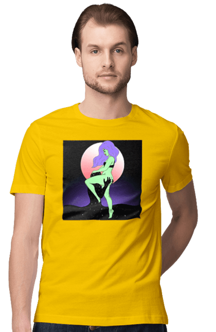 Футболка мужская с принтом Зеленая Девушка И Луна. Инопланетянка, луна. 2070702