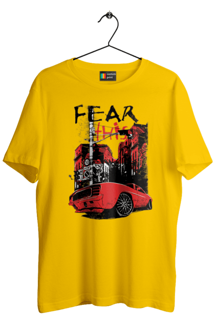 Men`s t-shirt with prints Red Car In The City. Riding, town. 2070702
