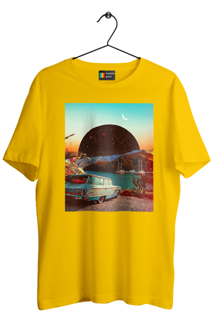 Футболка чоловіча з принтом "Картина, машина біля річки". Картина, машина, планета, прикол, ретро, річка. 2070702